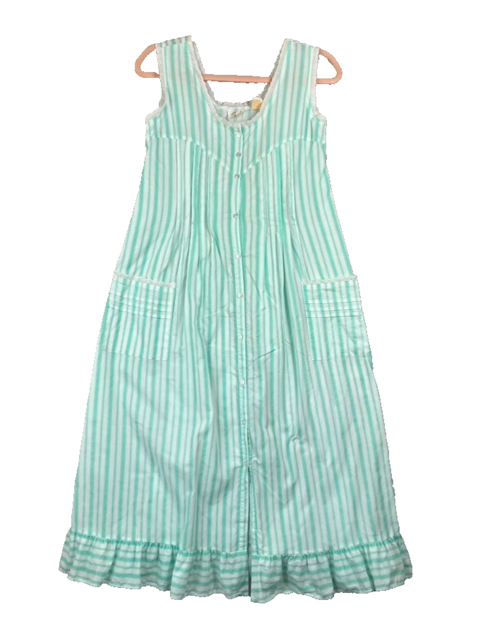Ilise Stevens Cotton House Dress Small Button-Front Teal & White Striped Pockets